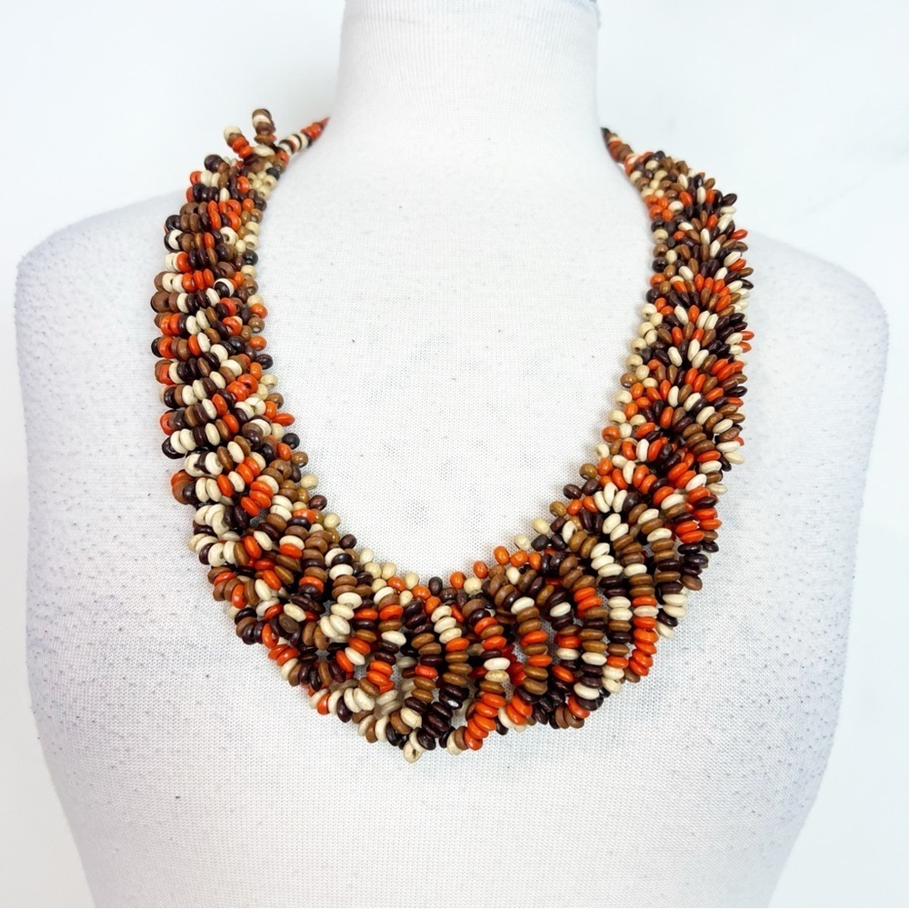 BOUTIQUE ORANGE BROWN TAN WOODEN BEADED STATEMENT NECKLACE 22”
